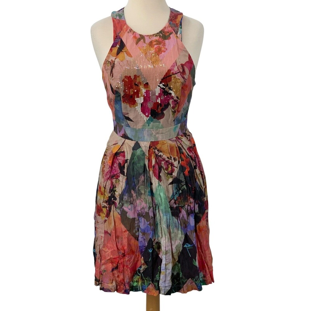 Nicole Miller Women's Multicolor‎ Watercolor Floral Print Halter Dress Size 0